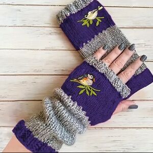 Blue and Gray Fingerless Gloves with Bird Embroidery